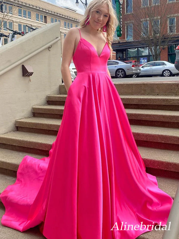Elegant Fuchsia V-neck Backless A-line Prom Dress, Evening Dress, PD2823054