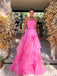 Elegant Strapless Ruffles Hot Pink Maxi Long A-line Tulle Prom Dress, Formal Dress, PD382270