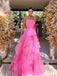 Elegant Strapless Ruffles Hot Pink Maxi Long A-line Tulle Prom Dress, Formal Dress, PD382270