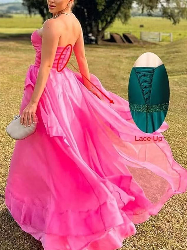 Elegant Strapless Ruffles Hot Pink Maxi Long A-line Tulle Prom Dress, Formal Dress, PD382270