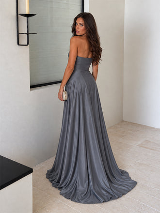 Elegant Gray Strapless Ruched A-line Evening Dress, Prom Dress, PD28231287