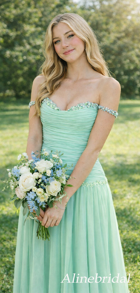 Elegant Green Chiffon Off the Shoulder A-line Long Prom Dress, Evening Dress, PD3823009