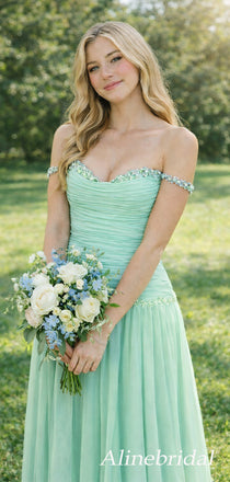 Elegant Green Chiffon Off the Shoulder A-line Long Prom Dress, Evening Dress, PD3823009