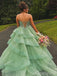 Gorgeous Green Spaghetti Straps A-line Tulle Prom Ball Gown, Floral Lace Applique Evening Dress, PD3823008