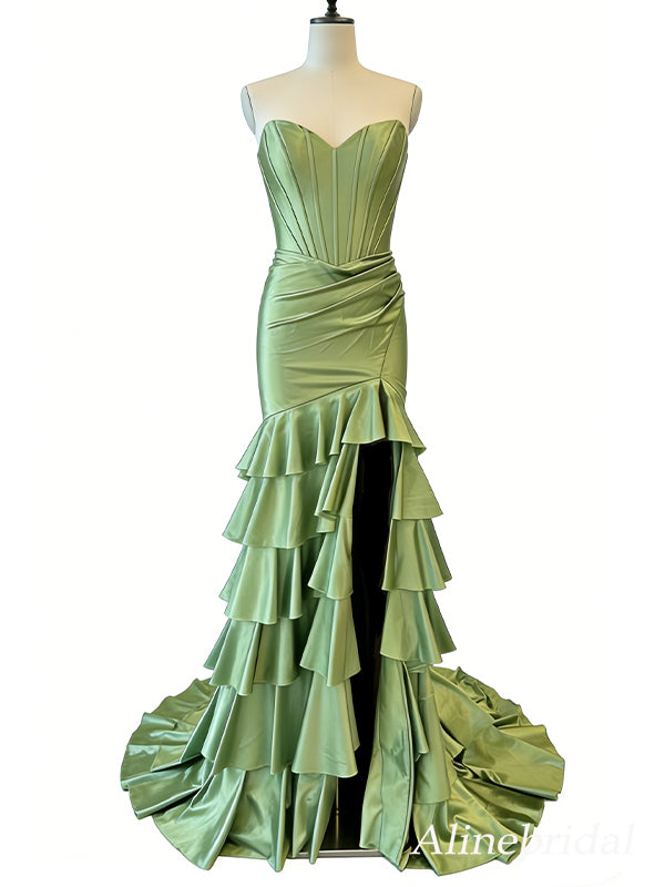Elegant Green Strapless Ruffles Prom Dress with Slit, Evening Dress, P AlineBridal Elegant Green Strapless Ruffles Prom Dress with Slit, Evening Dress, P AlineBridal