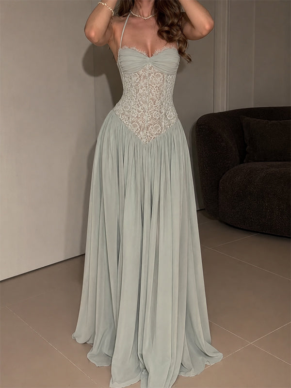 Sexy Green Lace Halter A-line Evening Dress, Prom Dress, PD28231271
