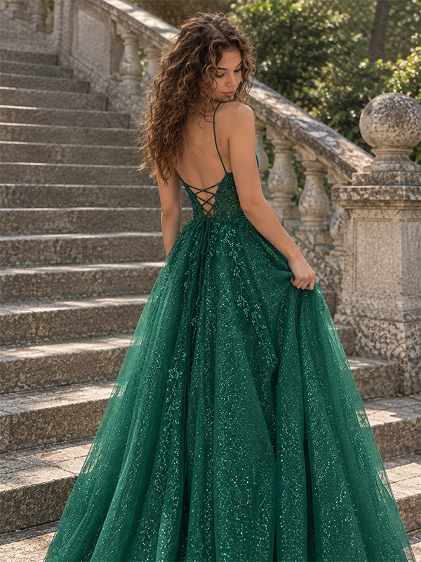 Sparkly Green Lace Beaded V-neck A-line Prom Dress with Slit, Evening Dress, PD28231253