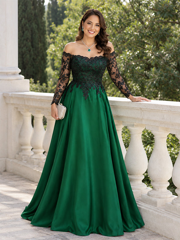 Elegant Emerald Green Off Shoulder A-line Evening Dress, PD28231259
