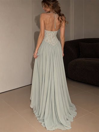 Sexy Green Lace Halter A-line Evening Dress, Prom Dress, PD28231271