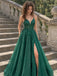 Sparkly Green Lace Beaded V-neck A-line Prom Dress with Slit, Evening Dress, PD28231253