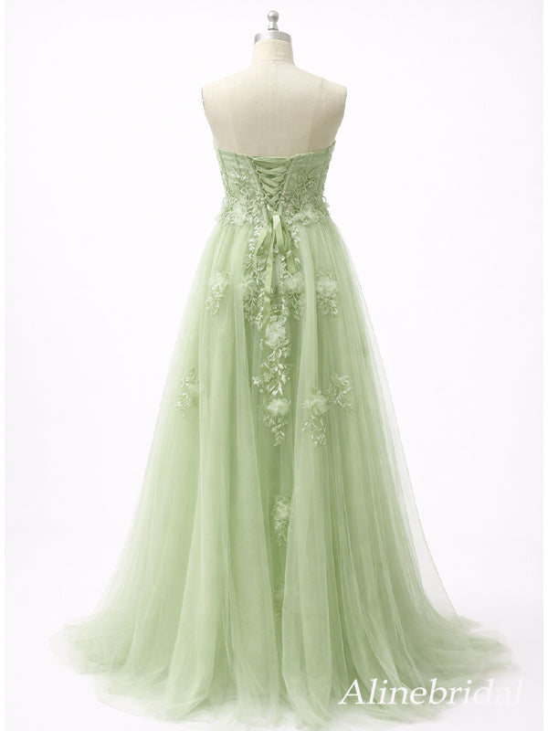Elegant Green Floral Appliques A-Line Tulle Prom Dress with Slit, PD37718