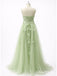 Elegant Green Floral Appliques A-Line Tulle Prom Dress with Slit, PD37718