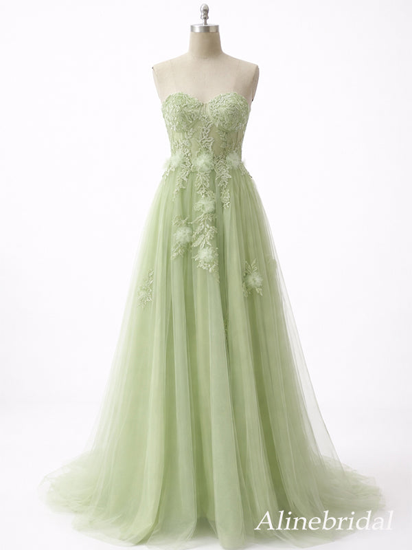 Elegant Green Floral Appliques A-Line Tulle Prom Dress with Slit, PD37718