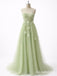 Elegant Green Floral Appliques A-Line Tulle Prom Dress with Slit, PD37718