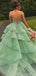 Gorgeous Green Spaghetti Straps A-line Tulle Prom Ball Gown, Floral Lace Applique Evening Dress, PD3823008