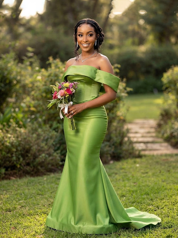 Elegant Green Off Shoulder Satin Mermaid Bridesmaid Dress, PD2823099