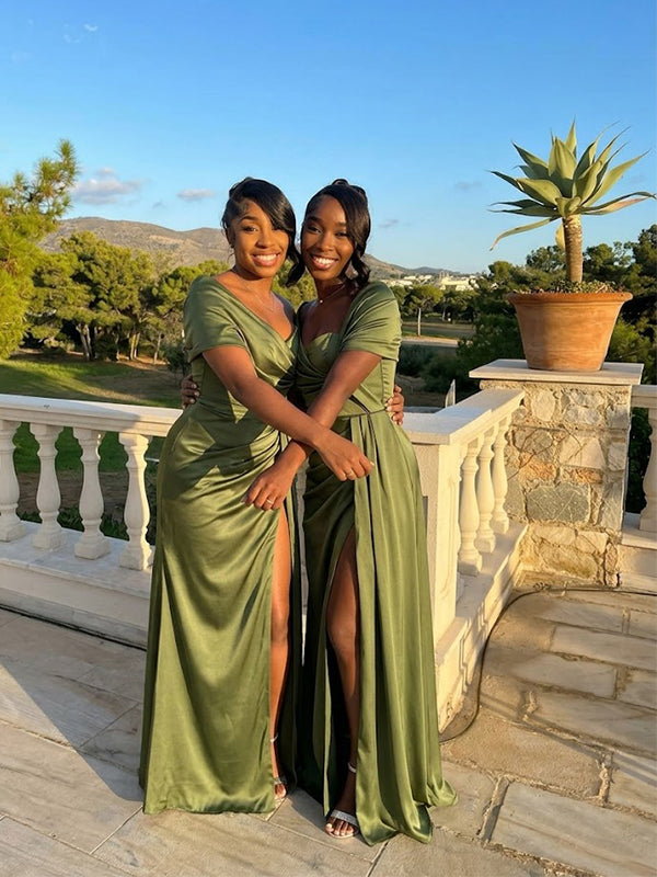 Sexy Green Satin Off the Shoulder Long Bridesmaid Dress, PD2823094