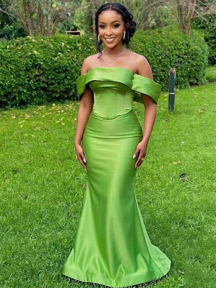 Elegant Green Off Shoulder Satin Mermaid Bridesmaid Dress, PD2823099