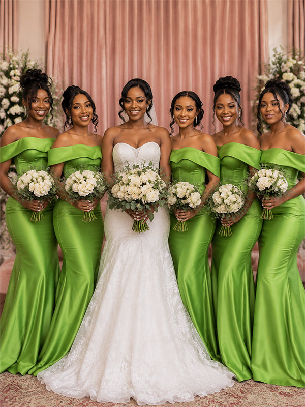 Elegant Green Off Shoulder Satin Mermaid Bridesmaid Dress, PD2823099