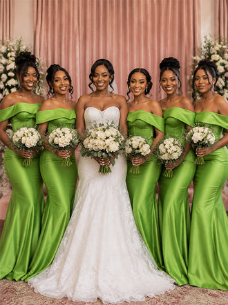 Elegant Green Off Shoulder Satin Mermaid Bridesmaid Dress, PD2823099
