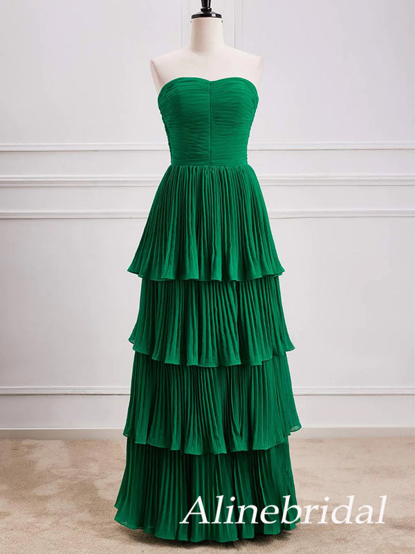 Elegant Green Chiffon Strapless A-line Prom Dress, Ruffles Tiered Evening Dress, PD3823022
