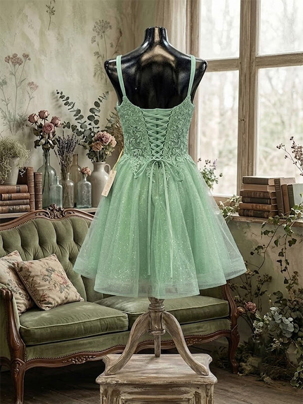 Elegant Green Lace Beaded  Corset A-line Homecoming Dress, HC382306