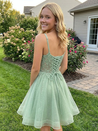 Elegant Green Lace Beaded  Corset A-line Homecoming Dress, HC382306