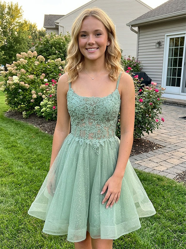 Elegant Green Lace Beaded  Corset A-line Homecoming Dress, HC382306