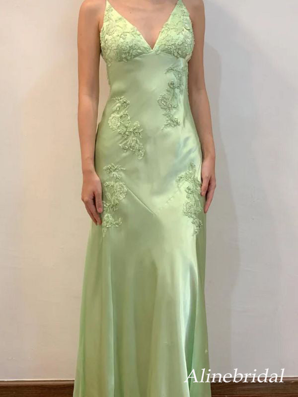 Elegant Sage Green Satin Maxi Prom Dress with Lace Appliques, PD3823041