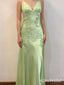Elegant Sage Green Satin Maxi Prom Dress with Lace Appliques, PD3823041