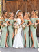 Elegant Green Off Shoulder Pleated Long Bridesmaid Dress with Slit, PD2823080