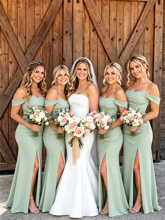 Elegant Green Off Shoulder Pleated Long Bridesmaid Dress with Slit, PD2823080