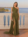 Elegant Olive Green One Shoulder Side Slit A-line Evening Party Dress, PD28231266