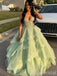 Gorgeous Green Spaghetti Straps A-line Tulle Prom Ball Gown, Floral Lace Applique Evening Dress, PD3823008