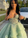 Gorgeous Green Spaghetti Straps A-line Tulle Prom Ball Gown, Floral Lace Applique Evening Dress, PD3823008