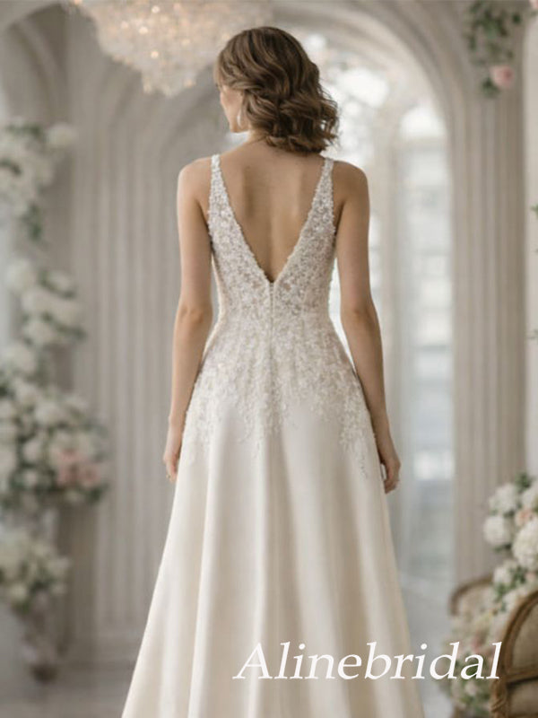 Elegant Ivory V-neck A-line High-Low Lace Wedding Reception Dress, HD3 AlineBridal Elegant Ivory V-neck A-line High-Low Lace Wedding Reception Dress, HD3 AlineBridal