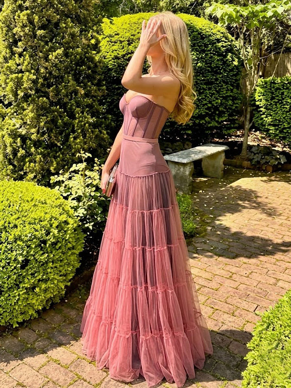 Unique Hot Pink Strapless A-line Tulle Evening Dress, PD2823108