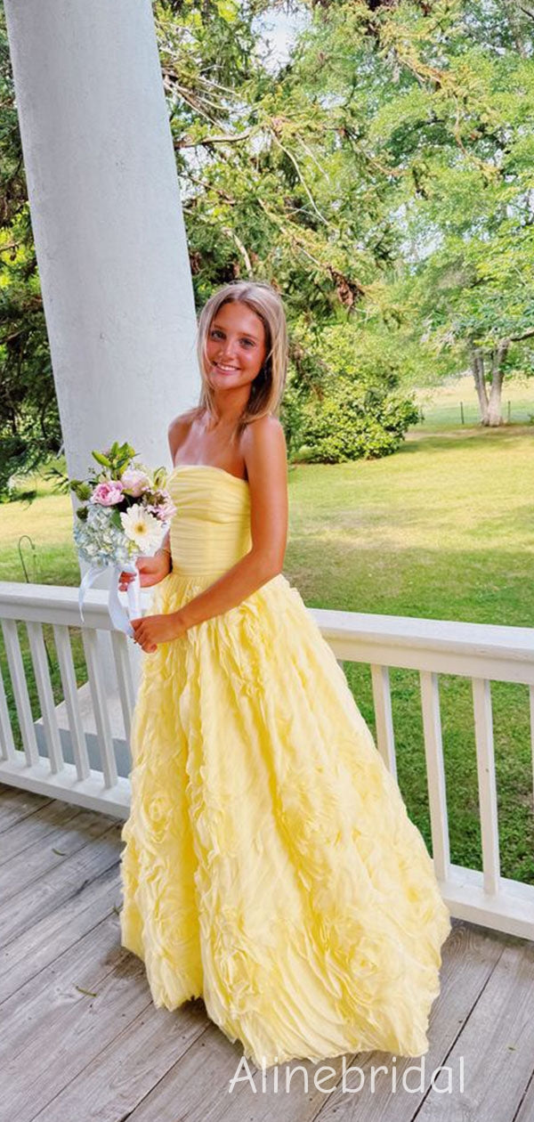 Gorgeous Yellow Strapless Pleated A-line Tulle Prom Dress, Evening Gow AlineBridal Gorgeous Yellow Strapless Pleated A-line Tulle Prom Dress, Evening Gow AlineBridal