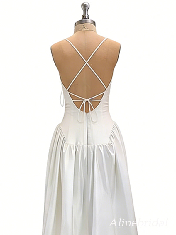 Elegant Ivory Satin V-neck A-line Wedding Dress, WD3119
