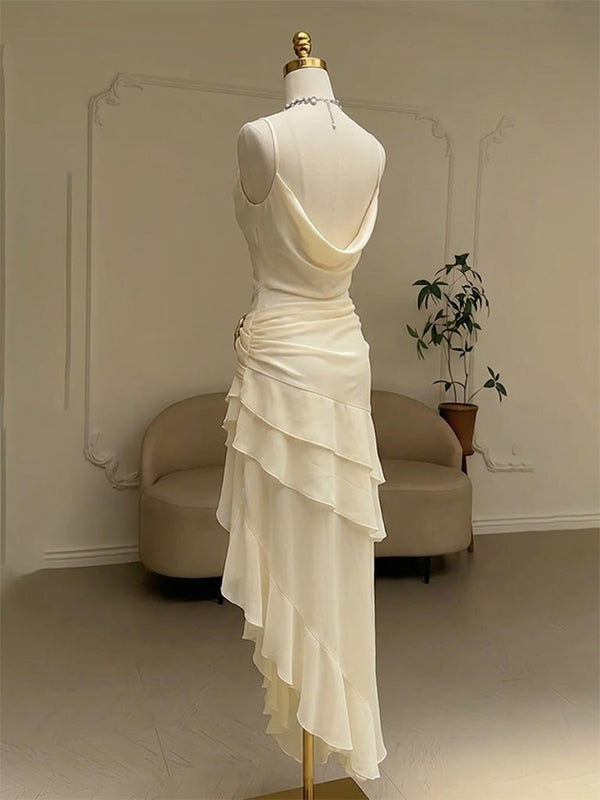 Elegant Ivory Cowl A-line Ruffled Tiered Prom Dress with Side Slit, Evening Dress, PD2823096