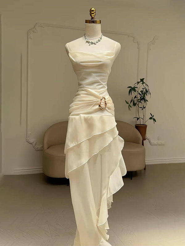 Elegant Ivory Cowl A-line Ruffled Tiered Prom Dress with Side Slit, Evening Dress, PD2823096
