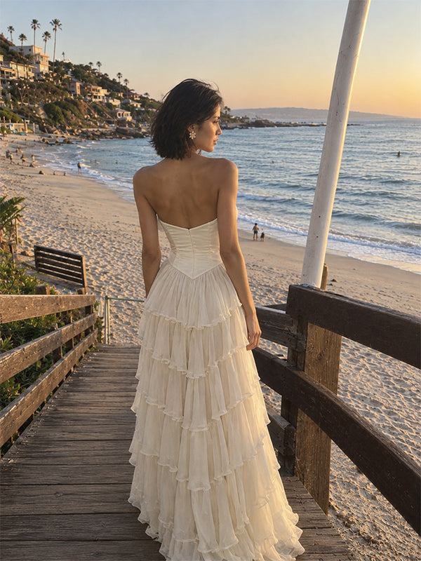 Elegant Ivory Strapless Tiered A-line Chiffon Evening Dress, Prom Dress, PD28231295