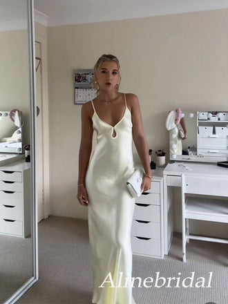Elegant Ivory Satin V-Neck Backless Long Prom Dress, Tie Back Evening Dress, PD3823024
