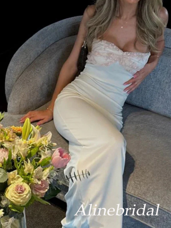 Elegant Ivory Strapless Long Prom Dress with Floral Appliques, Evening Party Dress, PD382282