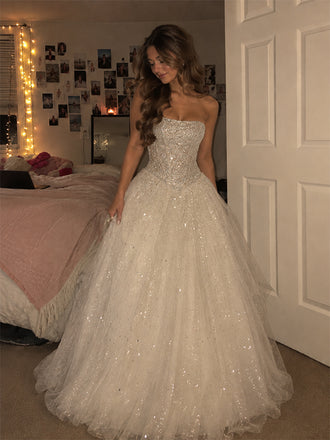 Sparkly Ivory Strapless A-line Tiered Tulle Prom Dress, Evening Dress, PD28231305