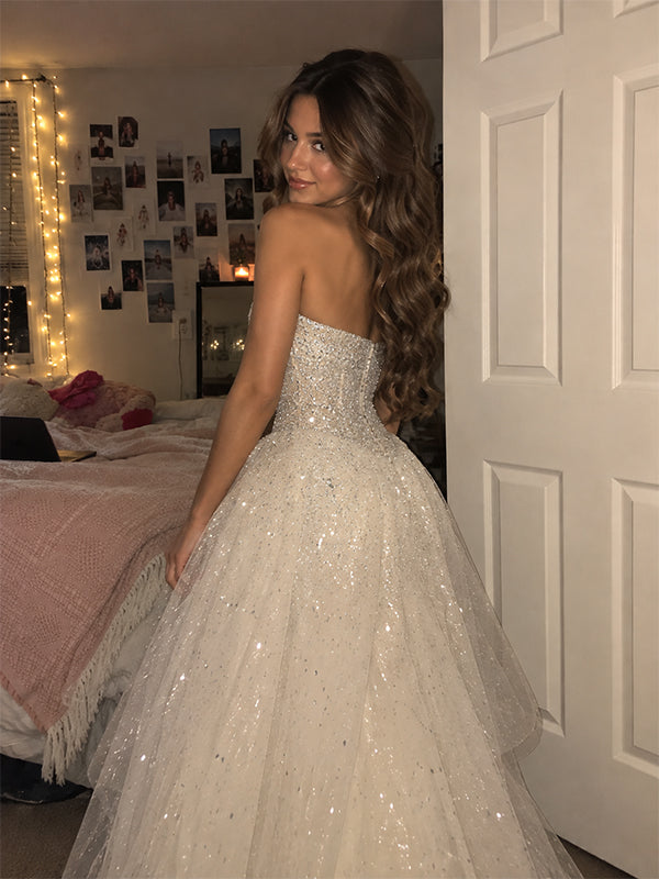 Sparkly Ivory Strapless A-line Tiered Tulle Prom Dress, Evening Dress, PD28231305