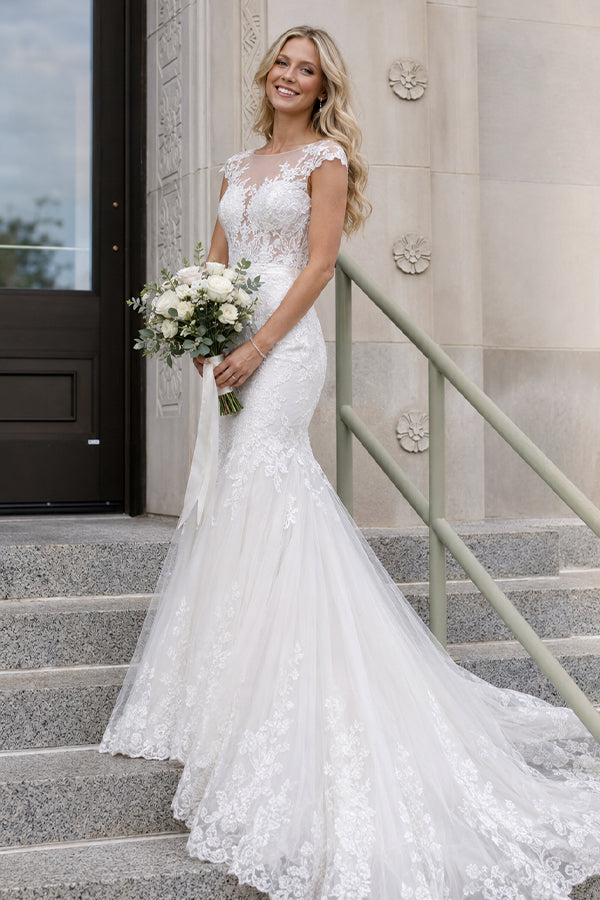Gorgeous Light Pink Floral Lace Illusion Bateau Mermaid Wedding Dress, AB1501