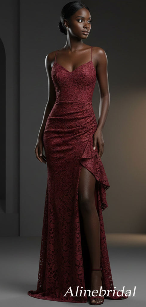 Sexy Yellow Floral Lace Ruffles Backless Prom Dress with Slit, Evening Dress, PD3823034