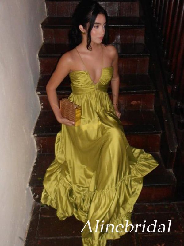 Elegant Green Halter Criss Cross A-line Maxi Prom Dress, Evening Dress, PD3823030