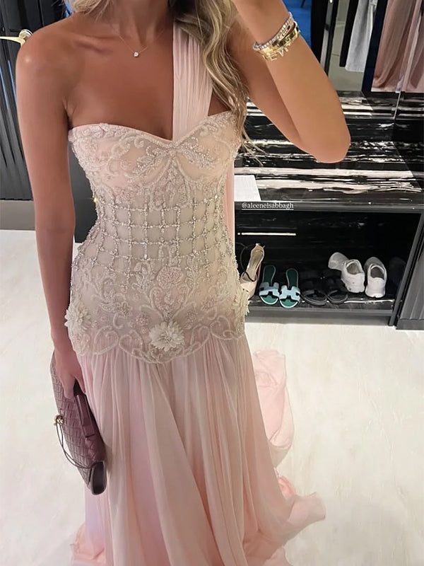Stunning Light Pink Floral Beaded One Shoulder A-line Evening Dress, Prom Dress, PD28231220